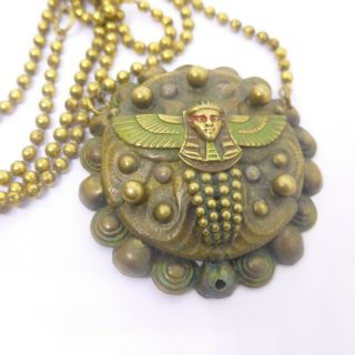 Vintage Art Deco Egyptian Revival Panel Necklace - Hand Painted Winged Pharaoh