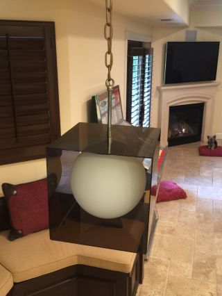 Mid Century Modern Smoked Lucite Hanging Swag Lamp With White Globe.