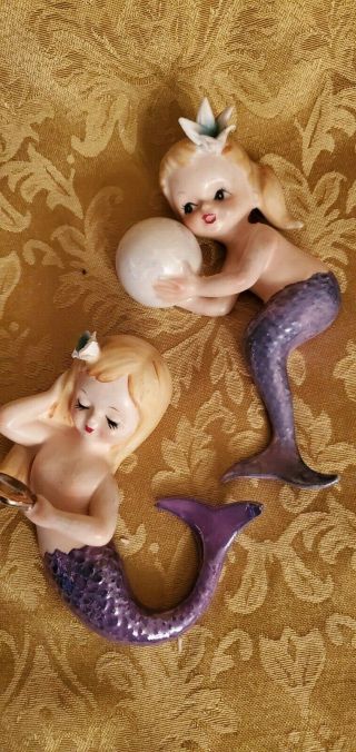 Vintage Lefton Ceramic Mermaids X 2 Wall Plaques Figurine - Blonde Hair 3107