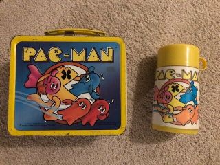 Vintage Pac Man Metal Lunchbox With Thermos 1980 Arcade