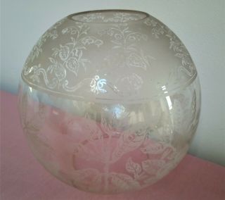 Vintage Clear Glass Acid Etched Floral Pattern Globe Oil Lamp Shade,  4 " Fit Dia.