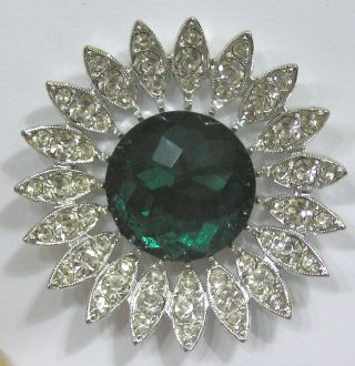 Vtg Jewelry Sarah Coventry Sunflower Brooch Green Faceted Glass Rhinestone Petal