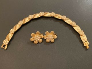 Vintage Crown Trifari Gold Tone Faux Pearl Ribbon Bracelet & Earrings Set