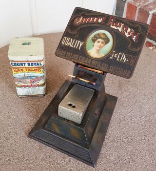 Antique Advertising Tin & Cigar Cutter / Match Dispenser / Court Royal Tobacco