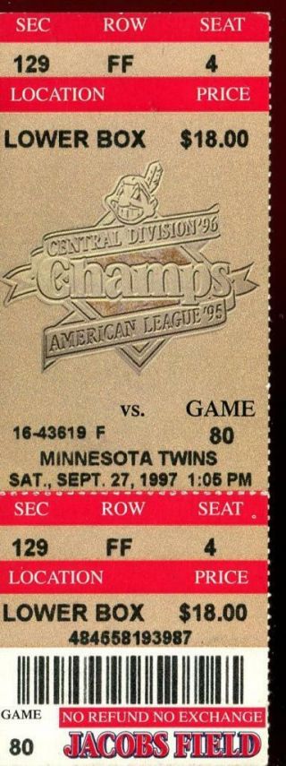 Baseball Ticket Cleveland Indians 1997 9/27 Minnesota Twins