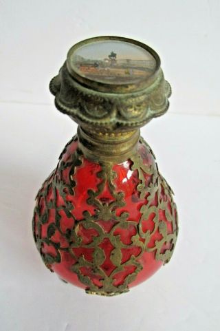 French Antique Cranberry Glass Perfume Bottle Heavy Ormulo & Painted Scene