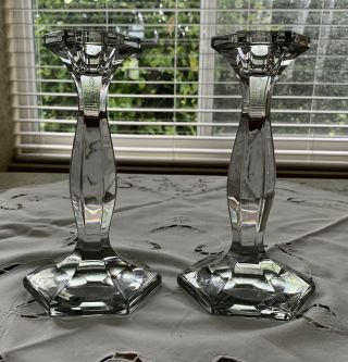 Pair Antique Vintage Heisey Glass Candle Stick Holders Hexagonal Base Top 7.  75”t