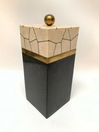 Vtg Maitland Smith Art Deco Black/ivory/brass Box Marble Stone Tesselated Square