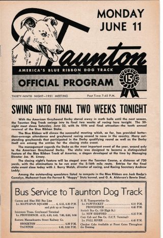1951 Taunton Greyhound Programs Real Huntsman Hall Of Fame Great