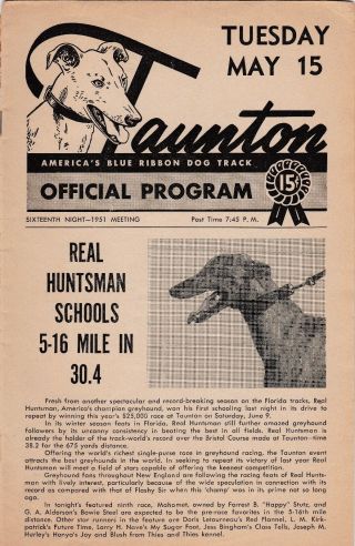 1951 Taunton Greyhound Programs Real Huntsman Hall of Fame Great 2