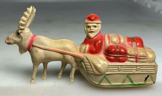 Vintage Viscoloid Celluloid Santa Sleigh Pulled By Reindeer Christmas Decoration