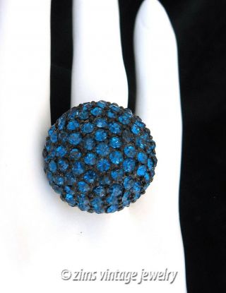 Vintage 60’s Vendome Signed Black Enamel Blue Rhinestone Dome Gold Cocktail Ring