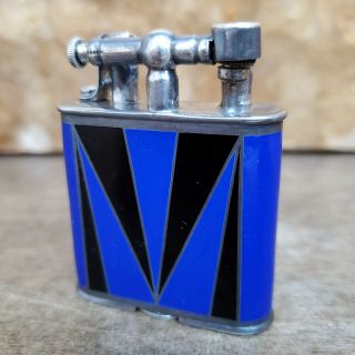 1920s Vintage Dunhill Lift Arm Pocket Lighter Blue & Black Glass Enamel