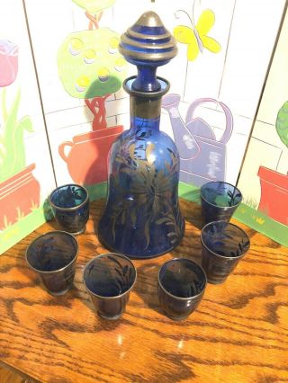 Vintage Nasco Made In Italy Liquor Decanter W/6 Glasses Cobalt Blue N Silver