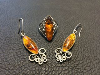 Old Antique Vintage Natural Baltic Amber Ring,  Earrings 9 Gr