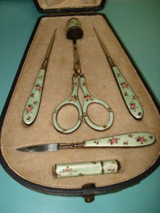 Rare Complete David Anderson ? Sterling Silver Guilloche Enamel Rose Sewing Set
