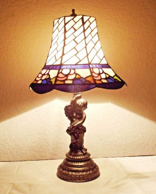 Lamps A Vintage 21 " H Tiffany Style Fancy Stain - Glass & Cast Cherub Table Lamp