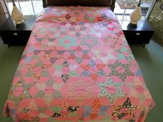 Vintage Feed Sack Hand Pieced Hexagonal Star Signed Friendship Quilt Top; Full