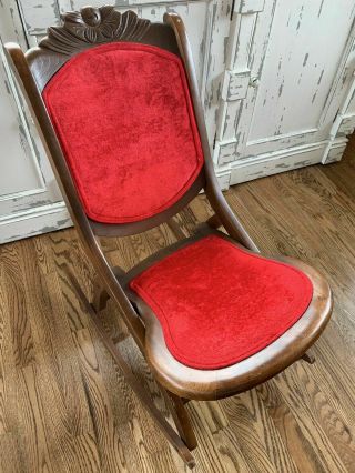 Antique Vintage Wooden Folding Rocking Chair Upholstered