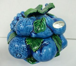Vintage Inarco Mood Indigo Blue Fruit Cookie Jar Bowl With Lid Made In Japan