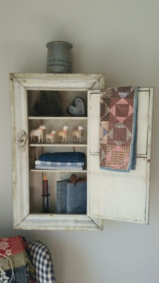 Primitive Antique Hanging Cupboard Dovetailed Square Nails Old White Paint Aafa