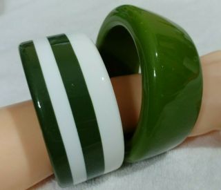 Vintage 2 Pc.  Olive Green And White Striped,  Lucite Bangle Bracelets