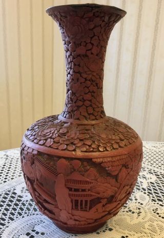Antique Chinese Cinnabar Vase Urn 19th Century Qing Dynasty Carved Asian