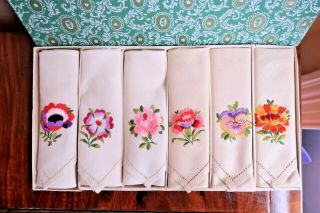 Vintage Hand Embroidered Irish Linen Napkins Set Of Six