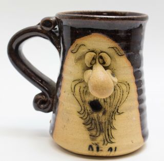 Vintage Signed Pottery Stoneware Smiling Mustache Face Coffee Mug Cup Jug