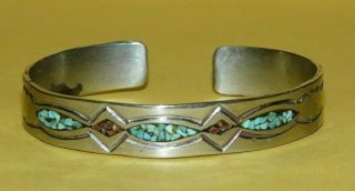 Vtg Native American Navajo Sterling Silver Turquoise & Coral Inlay Cuff Bracelet