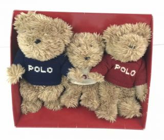 Vtg 2002 Polo Ralph Lauren Set Of 3 Plush Teddy Bears Red White Blue Spellout