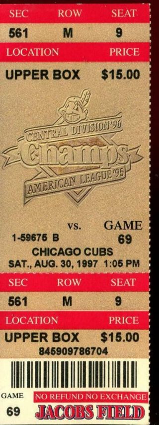 Baseball Ticket Cleveland Indians 1997 8/30 Chicago Cubs