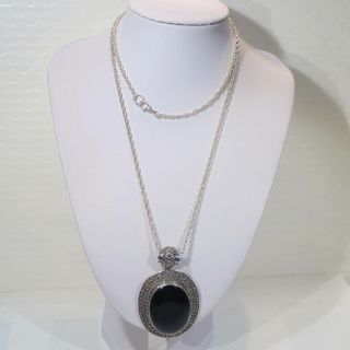 Large Sterling Silver Black Onyx Marcasite Pendant,  Costume Chain Vintage