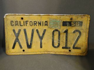 Vintage 1956 California Yellow And Black License Plate Xvy 012