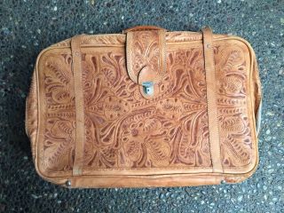 Antique - Vintage Hand Tooled Leather Suitcase Mexican 26”x15”x6”