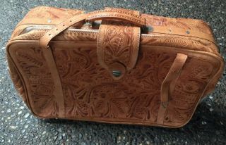 Antique - Vintage Hand Tooled Leather Suitcase Mexican 26”x15”x6” 2