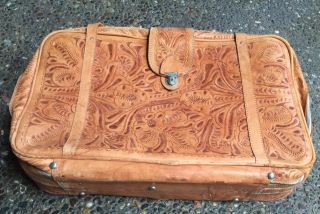 Antique - Vintage Hand Tooled Leather Suitcase Mexican 26”x15”x6” 3