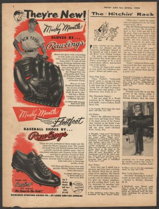 Vintage 1954 Rawlings Baseball Gloves 2 Mickey Mantle Print Ad