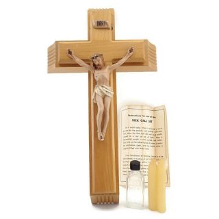 Vtg Wood Cross Last Rites Catholic Priest Sick Call Box Set Crucifix Candles Jar