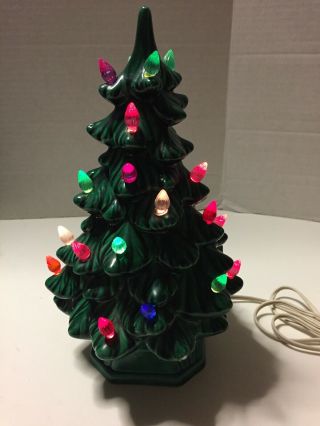 Vintage Ceramic Christmas Tree 11” Tall Green Lights Up.