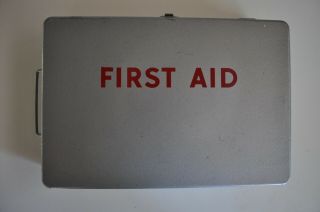 Vintage First Aid Metal Box Gray With Red Lettering Wall Hanging