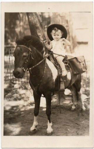Vtg Rppc Real Picture Postcard Adorable Little Girl Cowboy Hat Pony Horse