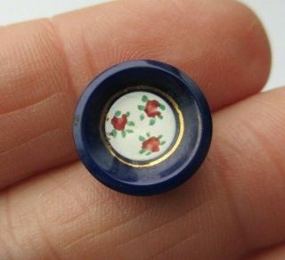Gorgeous Antique Vtg Victorian Blue Glass Button W/ Pink Enamel Roses 5/8 " (f)