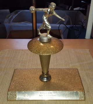 1969 Ladies Bowling Trophy 11 " Tall W Gold Sparkle Formica Awesome Retro Look