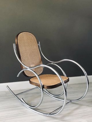 Vintage Mid - Century Modern Chrome And Cane Rocking Chair