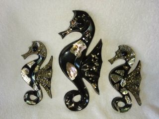 Set Of 3 Vintage Abalone Lucite Acrylic Black Seahorses Wall Plaques
