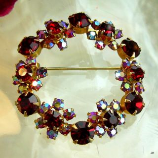 Vtg Red Faceted Glass Pink Ab Rhinestone Accent Scatter Pin Brooch