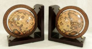 Pair Vintage 1960 ' s Italian Old World Globe Map Wood Wooden Bookends Italy 5828 2