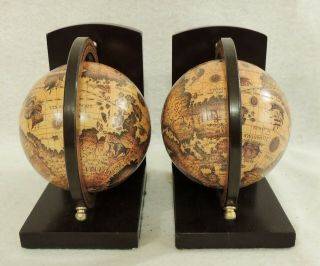 Pair Vintage 1960 ' s Italian Old World Globe Map Wood Wooden Bookends Italy 5828 3