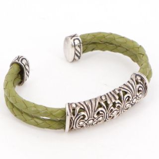 Vtg Sterling Silver Espo Sig Filigree 6.  5 " Green Leather Cuff Bracelet - 20g